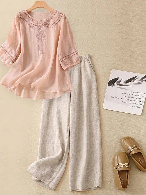 Linen Pant Wide - 고급 면마 린넨 세트 여성 여름