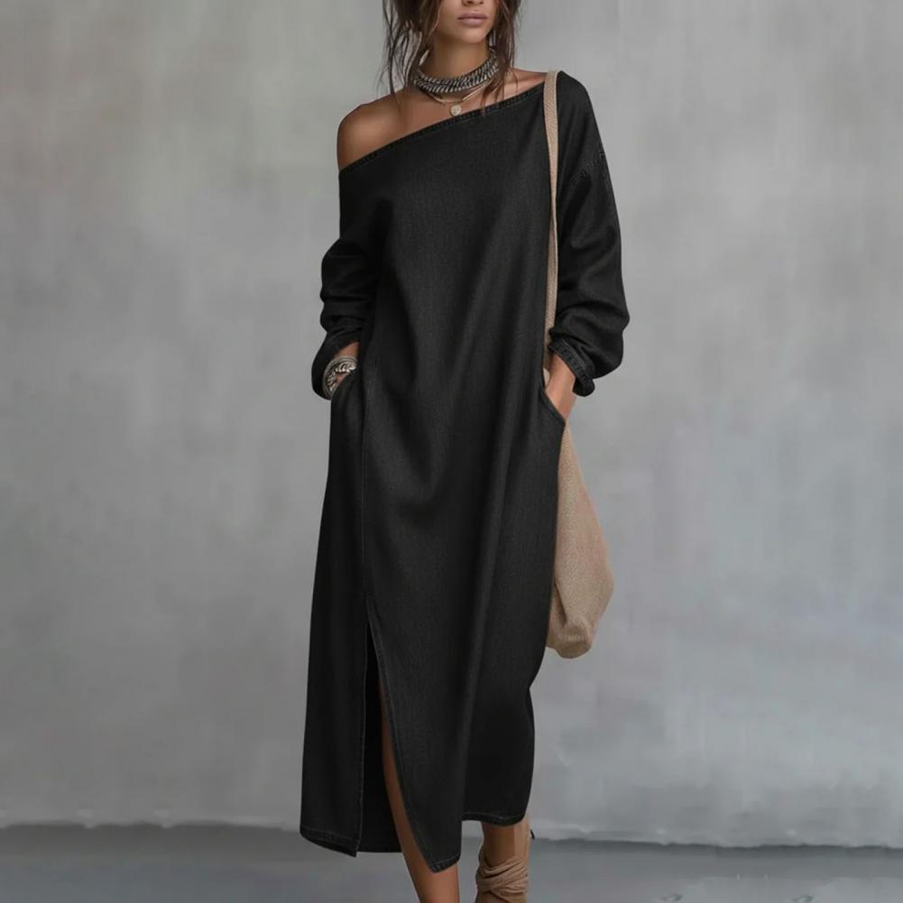 Linen Dress Wrap - 여성용 원숄더 롱 슬리브 맥시 드레스,