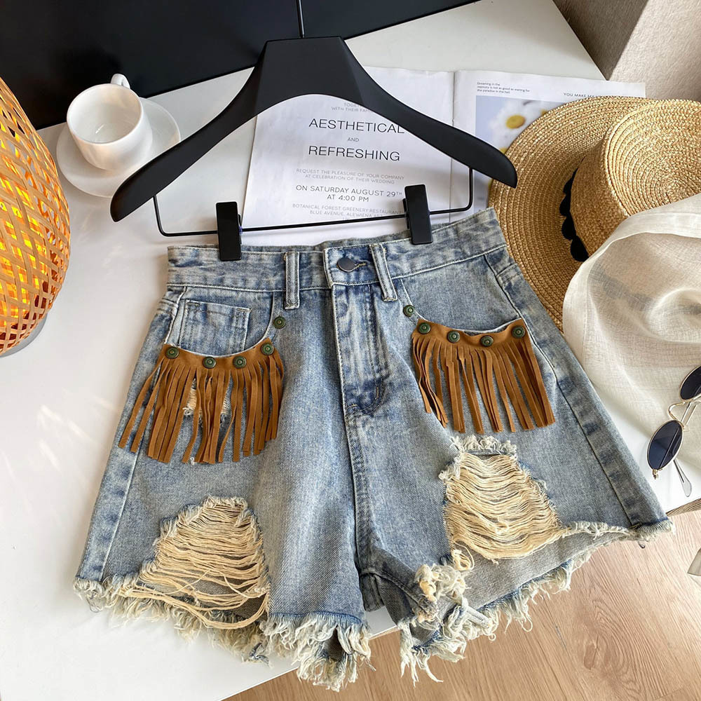 Shorts Denim Frayed - 여성용 섹시한 프린지 가장자리 찢어진 구멍