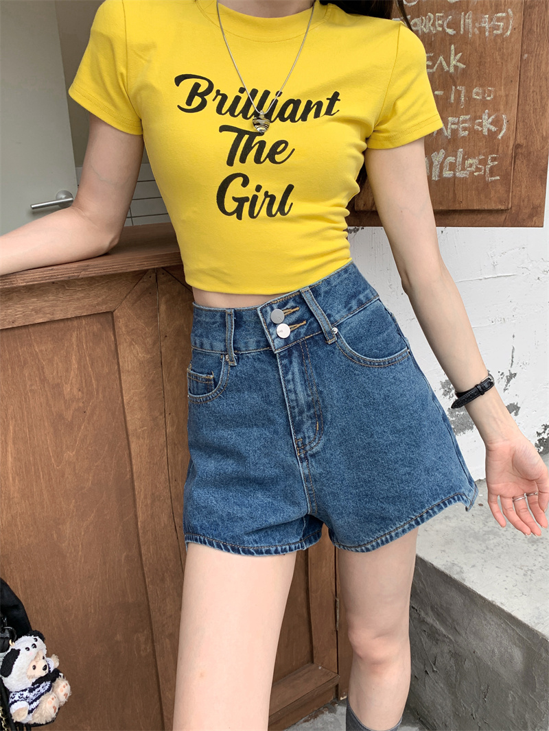 Shorts Denim Frayed - 여성용 여름 블루 데님 반바지, 한국