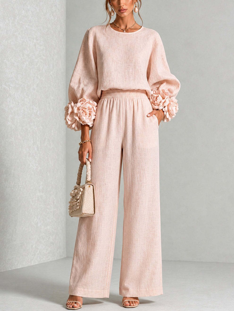 Linen Pant Wide - 여성용 2피스 린넨 의상 O넥 3D