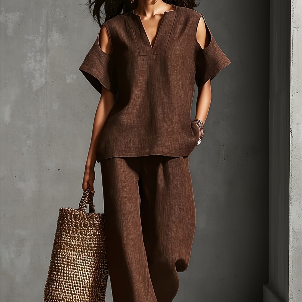 여성용 솔리드 컬러 심플 린넨 투피스 콜드 숄더 반팔  - Linen Pant Wide 리뷰 및 가격