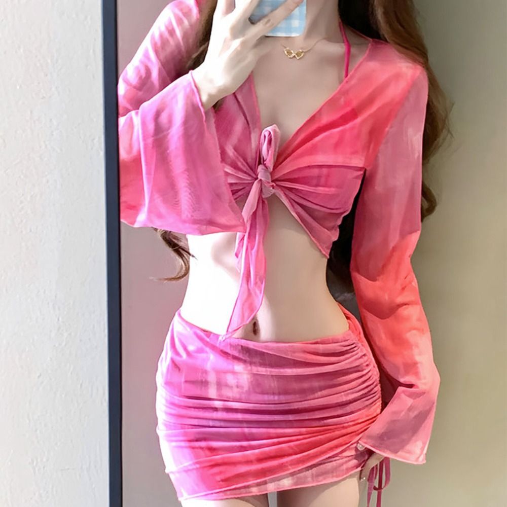 블루 컬러 타이다이 비키니 세트 4종 세트 플리츠 스커 - Swimsuit Bikini Ruched 리뷰 및 가격