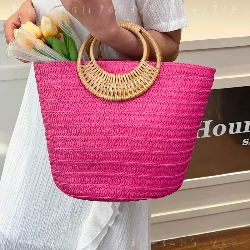 여성 여름 짠 종이 토트 백 대용량 솔리드 컬러 라운드 - Tote Bag Beach 리뷰 및 가격