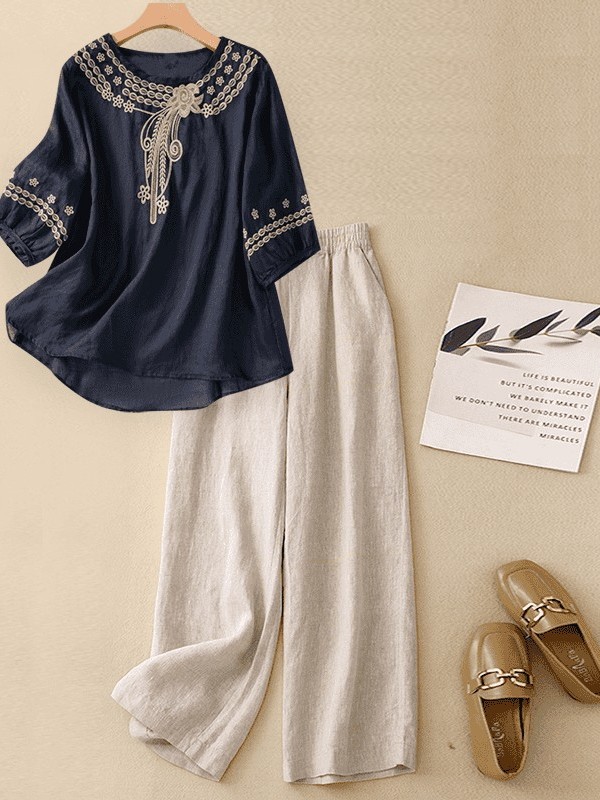고급 면마 린넨 세트 여성 여름 패셔너블 자수 셔츠 와 - Linen Pant Wide 리뷰 및 가격