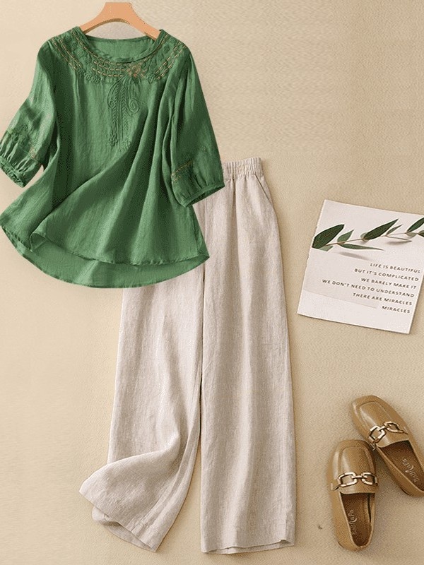 고급 면마 린넨 세트 여성 여름 패셔너블 자수 셔츠 와 - Linen Pant Wide 리뷰 및 가격