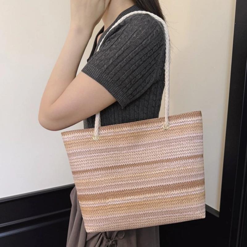 핫세일 무지개 줄무늬와 면 손잡이가 있는 밀짚 토트백  - Tote Bag Beach 리뷰 및 가격