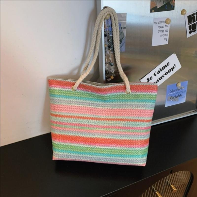 핫세일 무지개 줄무늬와 면 손잡이가 있는 밀짚 토트백  - Tote Bag Beach 리뷰 및 가격