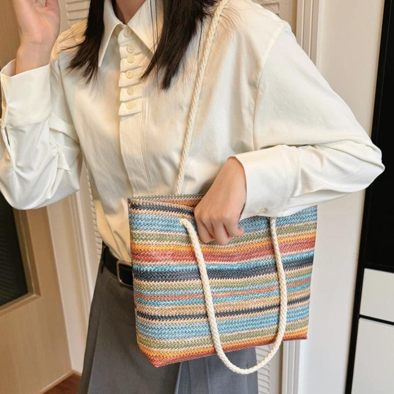 핫세일 무지개 줄무늬와 면 손잡이가 있는 밀짚 토트백  - Tote Bag Beach 리뷰 및 가격