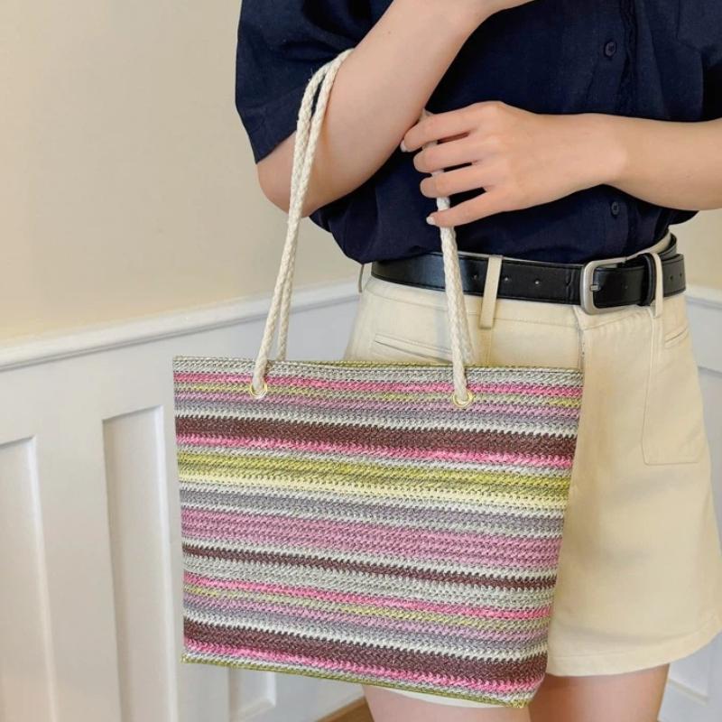 핫세일 무지개 줄무늬와 면 손잡이가 있는 밀짚 토트백  - Tote Bag Beach 리뷰 및 가격
